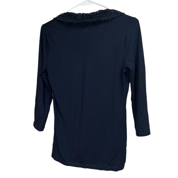 Lauren Ralph Lauren Navy Blue Crochet Ruffle Neck Blouse Petite Small - Picture 7 of 7
